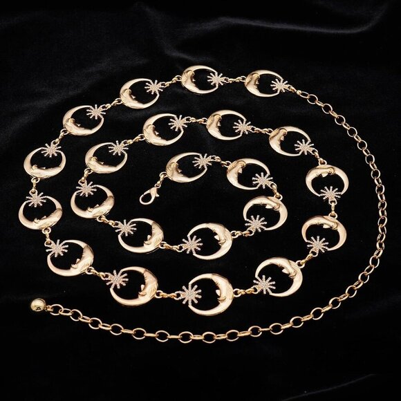 Women Chain Belt Alloy Hollow Circle Gold Dress Waist Accessory for Casual